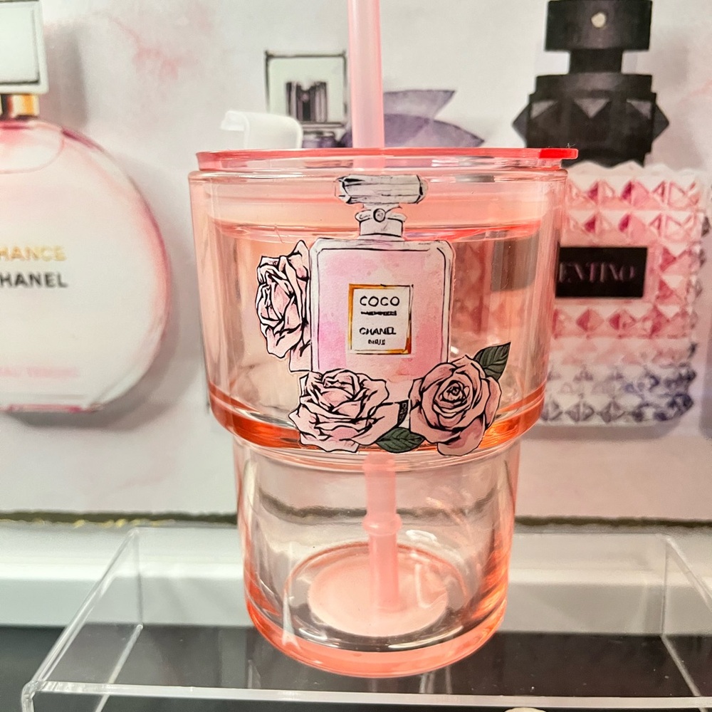 🆕Pink Glass Tumbler with Straw NWT